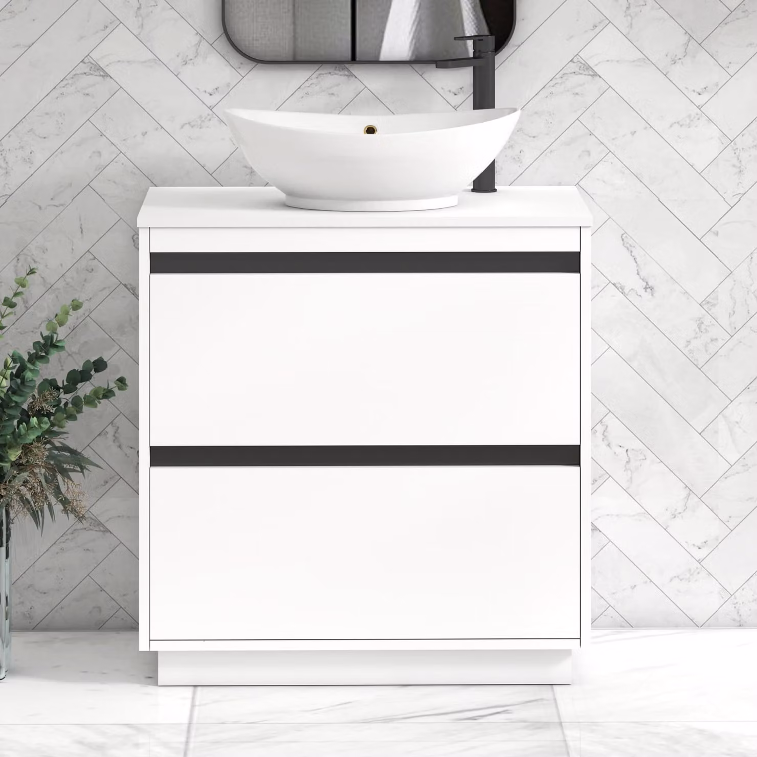 Royal Bathrooms Orion 800mm Matt White Floor Standing 2 Drawer Vanity Unit with Amaze Basin and Black Accent Trim
