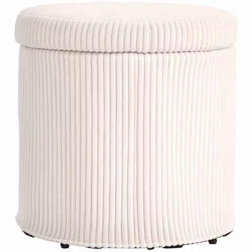 HOMCOM Round Corduroy Storage Ottoman with Removable Lid and Legs, Beige, Diameter: 40 cm, Height: 41 cm
