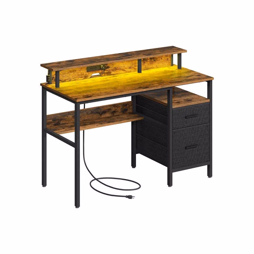 Pirlo Plush Industrial Computer Desk with USB Outlets and LED Lights, Brown, Width: 120 cm – 4