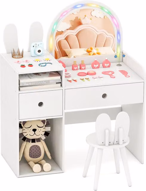 COSTWAY Hollywood LED Childrens Vanity Table and Chair Set in White