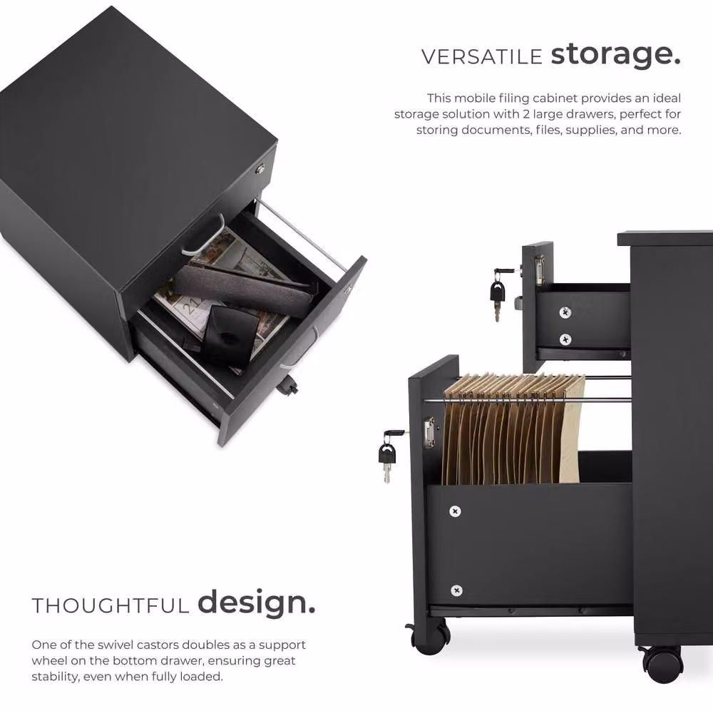 tectake Metal Filing Cabinet in Black with 2 Lockable Rolling Drawers for A4 Documents – 3