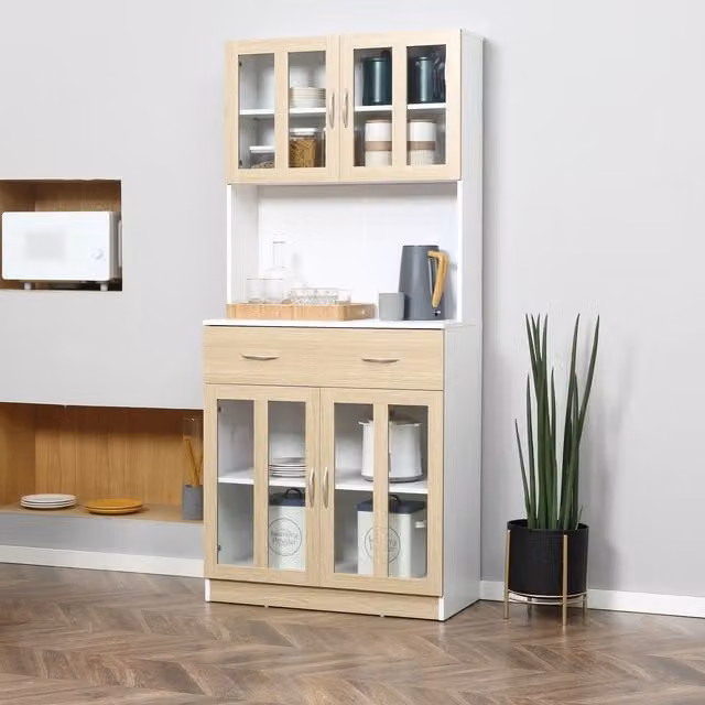 HOMCOM Freestanding Kitchen Cabinet with Glass Doors and Internal Shelves, White