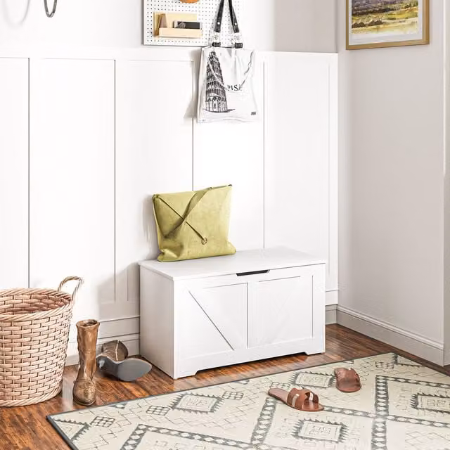 HOMCOM Rustic White Wooden Storage Chest with Safety Hinges