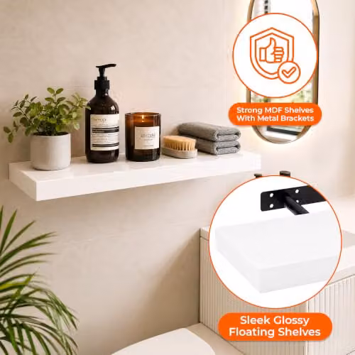 iTrend High Gloss White Floating Wall Shelf, Modern MDF Wall Mounted Storage Shelf, Width: 60 cm – 2