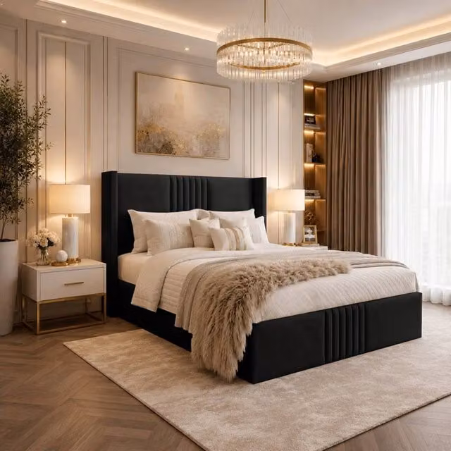 Desire Deco Brooks Wingback Upholstered Bed Frame in Black Plush Velvet, W/D/H: 120 x 200 cm – 1
