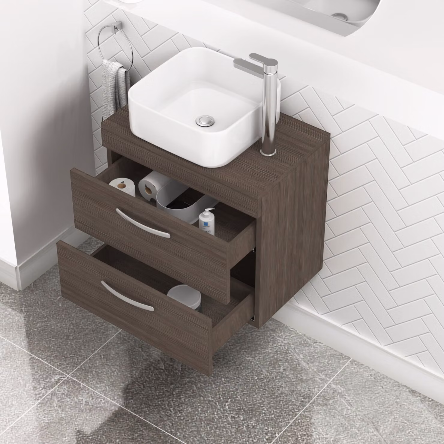 Royal Bathrooms Grey Elm Wall Hung Vanity Unit with Elena Countertop Basin and 2 Drawers