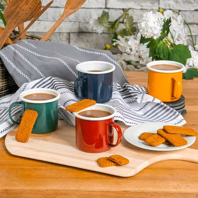 Argon Tableware Stainless Steel Enamel Mugs in White and Multicolour, 375ml