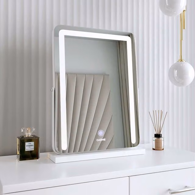 CARME Mia Frameless Rectangular Tabletop LED Mirror with Dimmable Touch Sensor Light in White