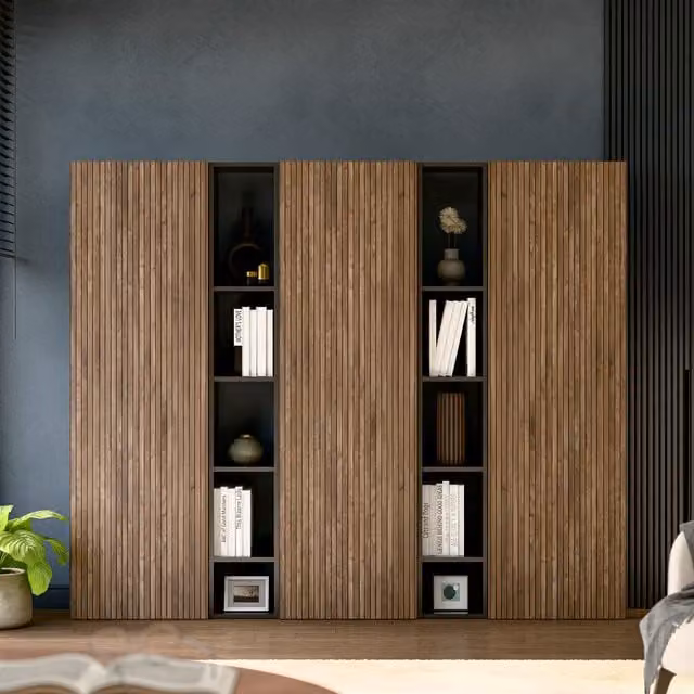 Decorotika Lourdes Modern Wall Mounted Entertainment Center in Black and Oak with Geometric Alina Pattern
