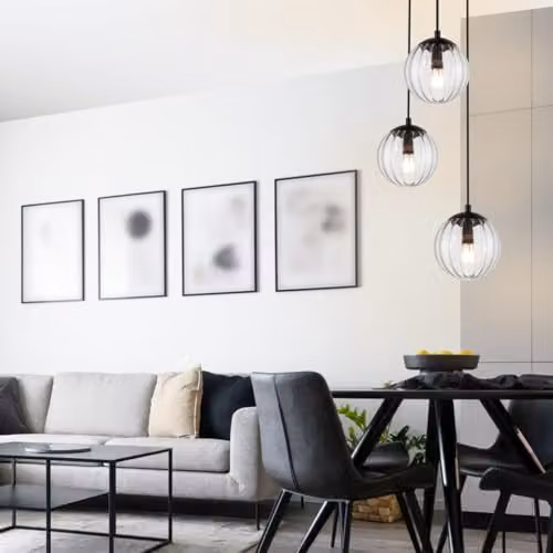 Cosylyte Kingston Modern 3 Light Cluster Pendant Light with Clear Ribbed Glass and Matt Black Base, W/D/H: 32 x 32 x 100 cm – 2