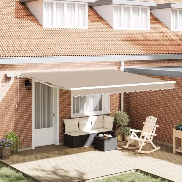 Berkfield Home Manual Retractable Polyester Awning with LED in Beige, W: 400 cm, D: 300 cm – 1