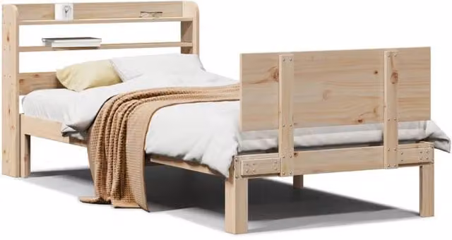 Berkfield Home Rustic Solid Pine Bed Frame with Headboard and Side Compartments, Beige, W/D/H: 90 x 200 cm