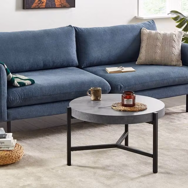 Wyld and Coco Industrial Round Coffee Table with Grey Concrete Effect Top and Black Metal Legs, Diameter: 70 cm, Height: 42 cm