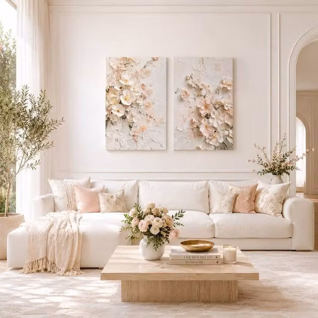 Mafett Ivory Garden Dream 2 Set Canvas Wall Art Prints in Light Pink, Floral Botanical Illustration, W61 x H81.3 cm – 1