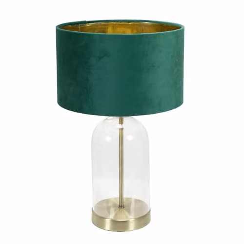 ValueLights Jessy Glass Table Lamp with Green Velvet and Gold Inner Shade and Warm White Bulb