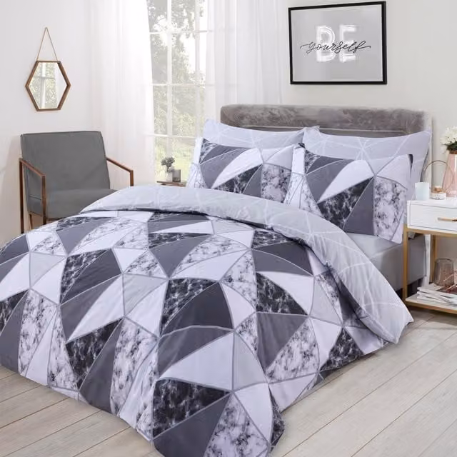 Dreamscene Marble Geo Reversible Duvet Cover and Pillowcase Bedding Set, Grey and White, W: 180 cm, H: 200 cm