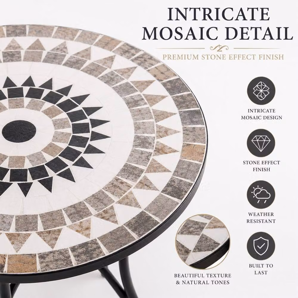 Shatchi Mosaic Bistro Set with Round Ceramic Tile Table and Folding Chairs in Multicolour and Black – 2