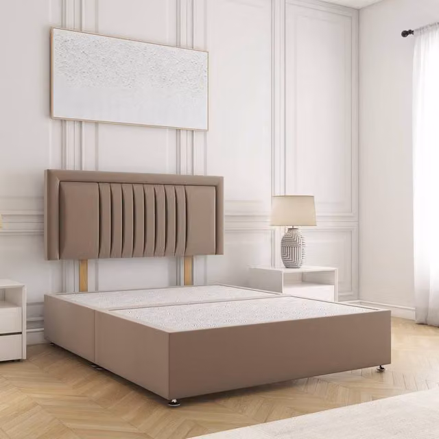 BSSPOKE Canes Divan Bed with 24 inch Plush Velvet Headboard in Bronze, Super King, W/D/H: 200 x 200 cm
