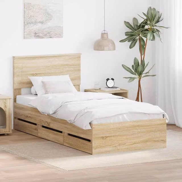Berkfield Home Sonoma Oak Bed Frame with Drawers in Brown, W/D/H: 75 x 190 cm