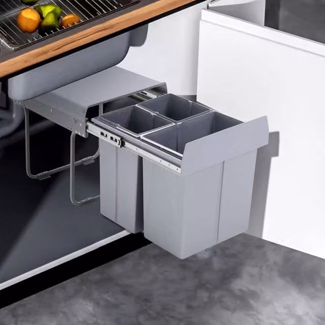 EONLION Grey Pull Out Kitchen Waste Bin System with Soft Close Mechanism, 2 x 10L and 1 x 20L Capacity – 1