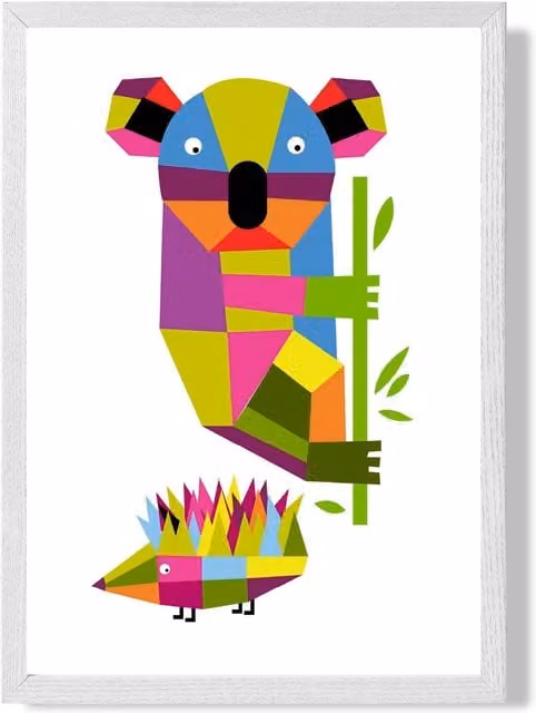 ARTZE Koala Bright Geometric Animal Framed Print in White, Multicolour, A3
