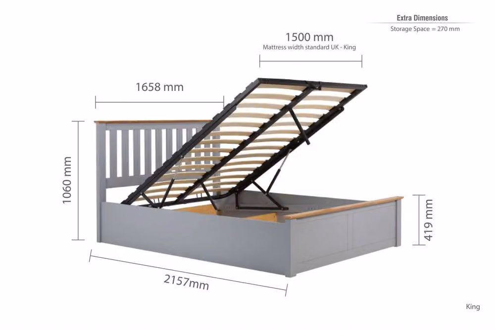 Birlea King Size Ottoman Bed with Solid Oak Wood Frame and Grey Upholstery, W/D/H: 180 x 200 cm – 2
