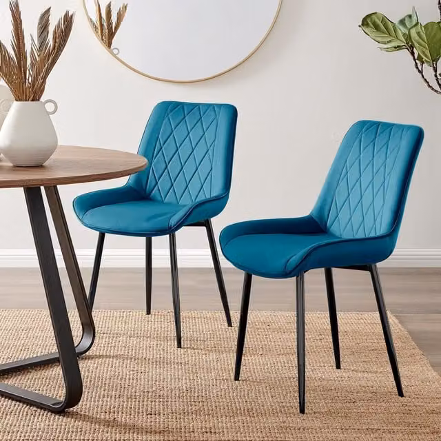 FurnitureboxUK Set of 2 Pesaro Luxury Velvet Dining Chairs with Diamond Stitched Back and Black Metal Legs in Blue – 1