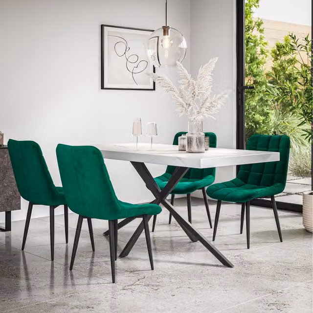 More4Homes Donni Dining Set with Marble Effect Rectangular Table and 6 Green Nova Velvet Chairs