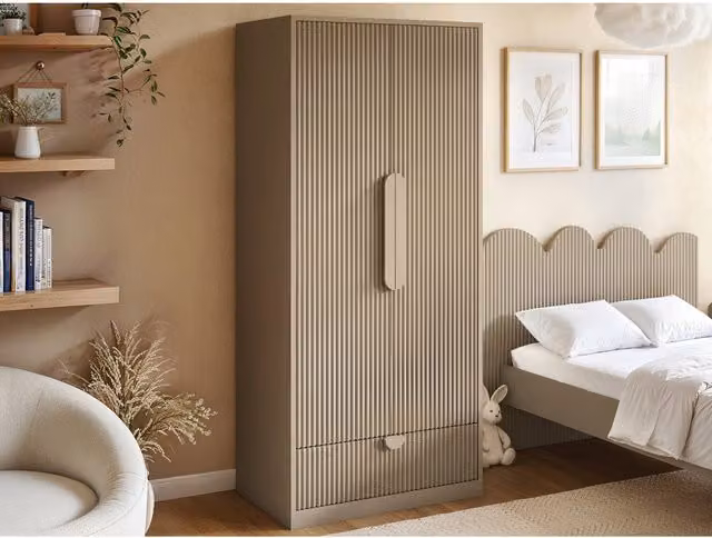 Flair Calista Ribbed Modern Wardrobe with 2 Hinged Doors and Drawer in Taupe – 1