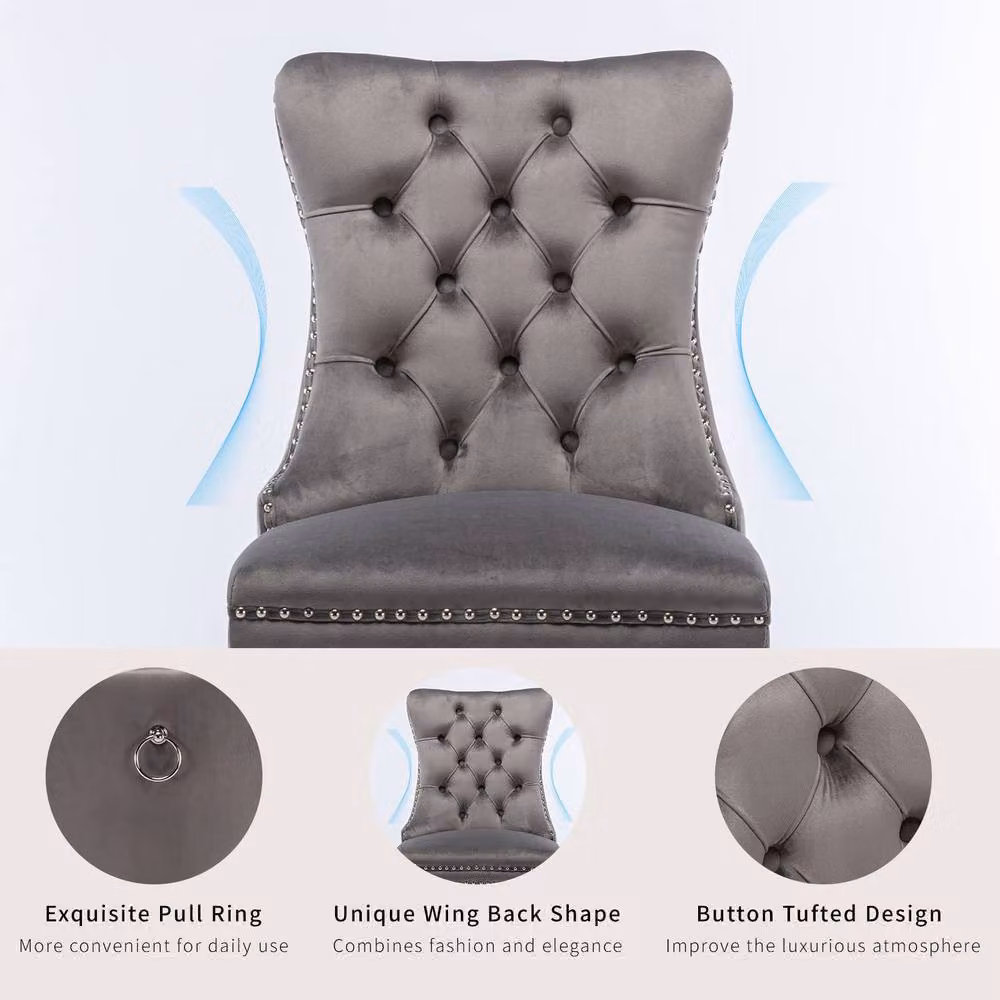 HomeTouch Romsey Set of 6 Grey Velvet Upholstered Dining Chairs with Oak Legs and Knocker Ring Back – 5