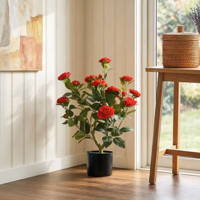 HOMCOM Red Artificial Camellia Flower Plant with 116 Leaves, Height: 65 cm