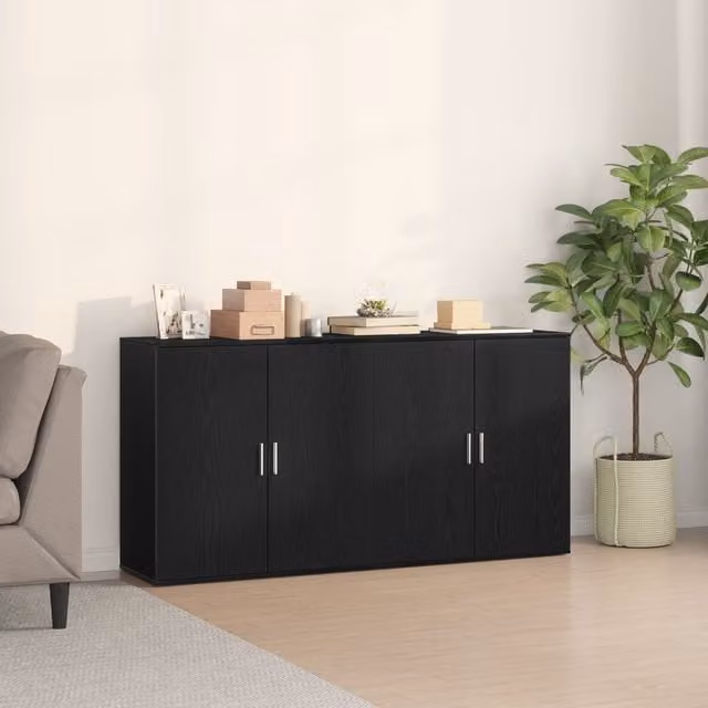 Berkfield Home Set of 2 Black Oak Sideboards in Engineered Wood, W: 79 cm, D: 38 cm, H: 80 cm