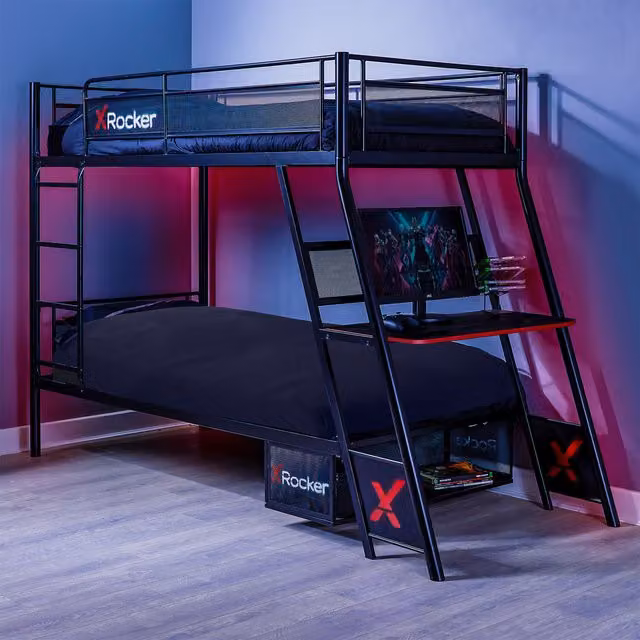 X Rocker Armada Bunk Bed with Gaming Desk and Mattress in Black