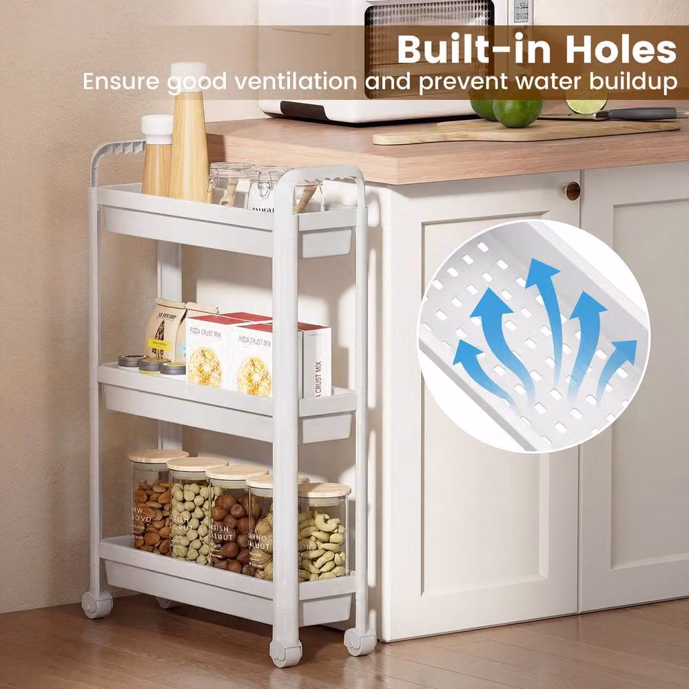 Costway 3-Tier Rolling Storage Cart Slim Bathroom and Kitchen Organiser in White – 4