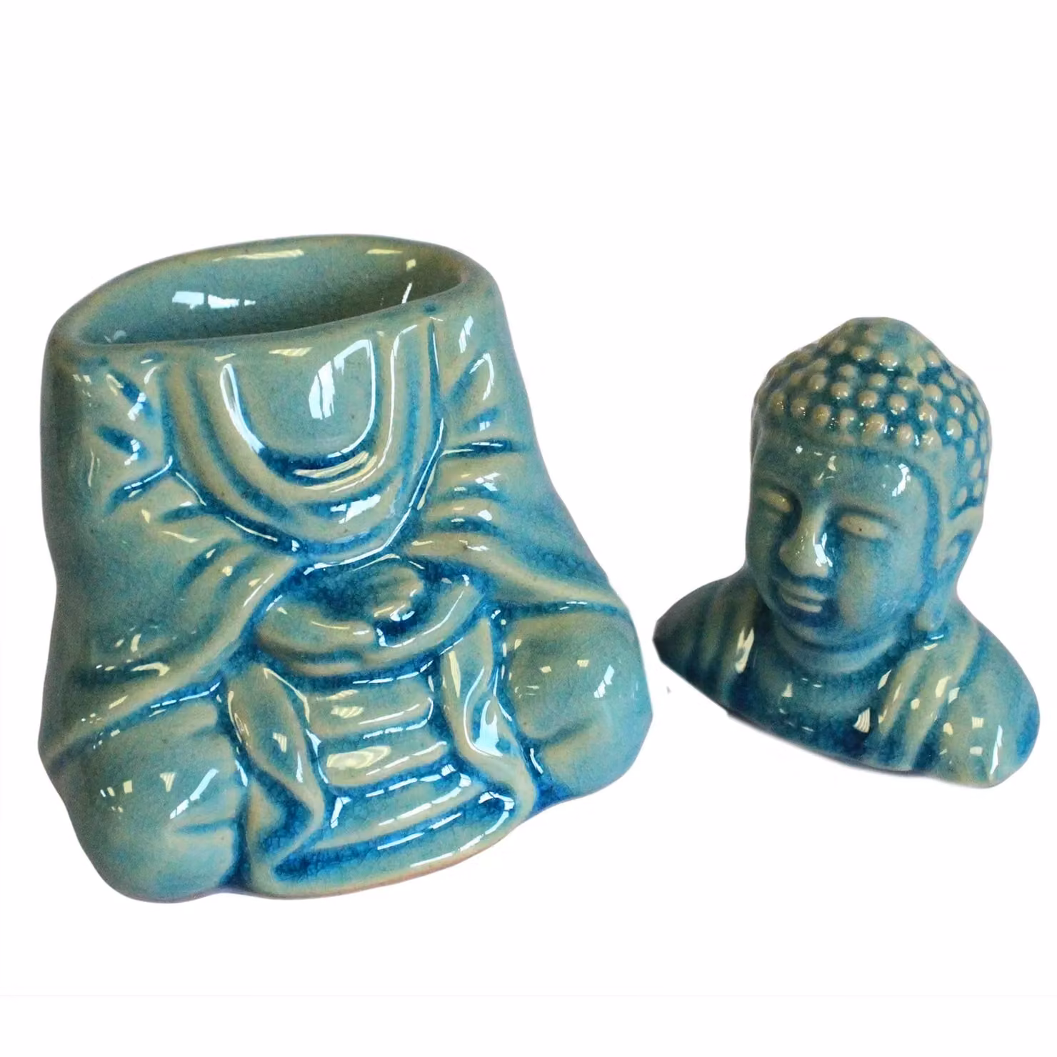 KDMD Ceramic Sitting Buddha Oil Burner in Blue and Green, 2 Piece Set – 3