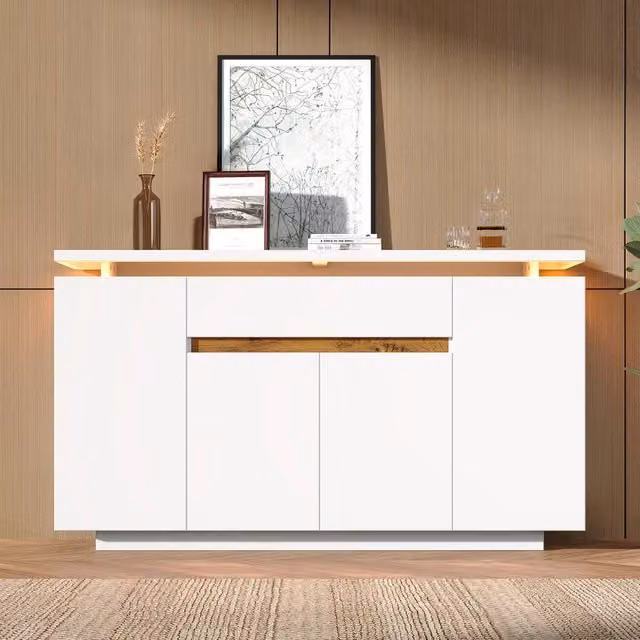 Merax White Modern Glossy LED Sideboard with 1 Drawer and 4 Doors, W/D/H: 140 x 40 x 80 cm – 1