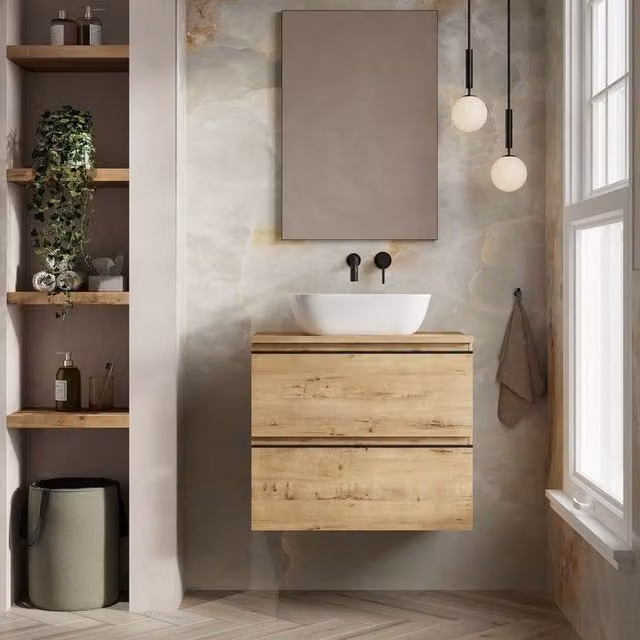 Banyetti Vatilla 700mm Wall Hung Vanity Unit with Matching Worktop in Ostippo Light Oak – 1
