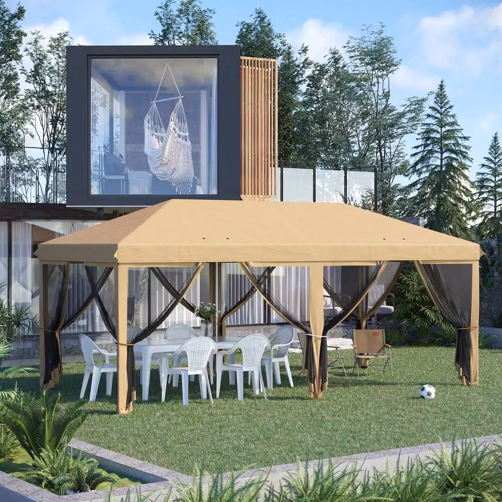 Rolipo Beige Pop Up Gazebo Party Tent with Mesh Walls and Steel Frame, W: 6 m, D: 3 m, H: 2.7 m – 2