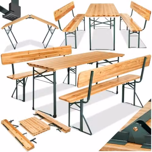 tectake 3-Piece Brown Wood and Powder Coated Steel Garden Table and Bench Set for 8 People – 1