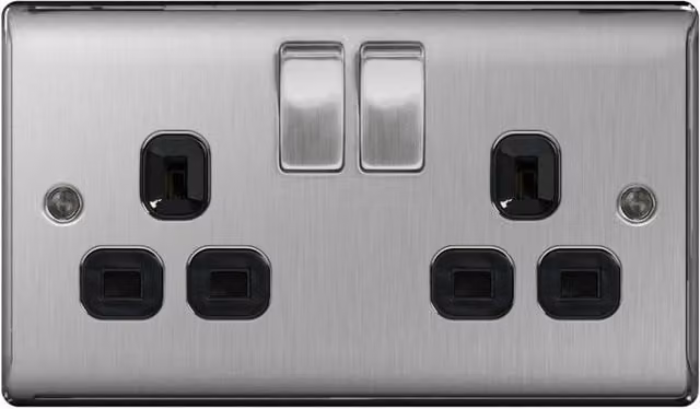 British General 13a 2 Gang UK Plug Socket in Grey, Black and Silver
