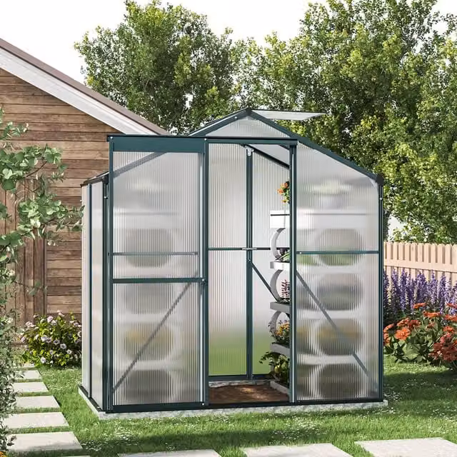 Livingandhome Freestanding Gable Garden Greenhouse with Vents in Green and Transparent, W: 130 cm x L: 190 cm