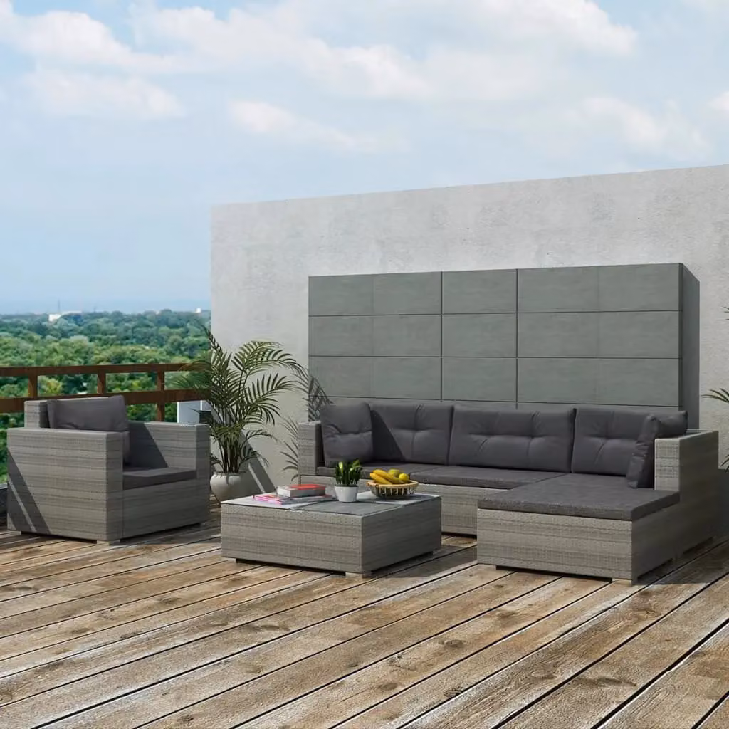 Berkfield Home 6 Piece Grey Poly Rattan Garden Lounge Set with Cushions and Ottoman – 1