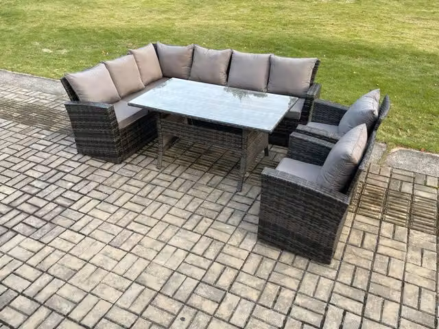 Fimous 8 Seater Rattan Garden Corner Dining Set with Armchairs in Dark Grey Mixed