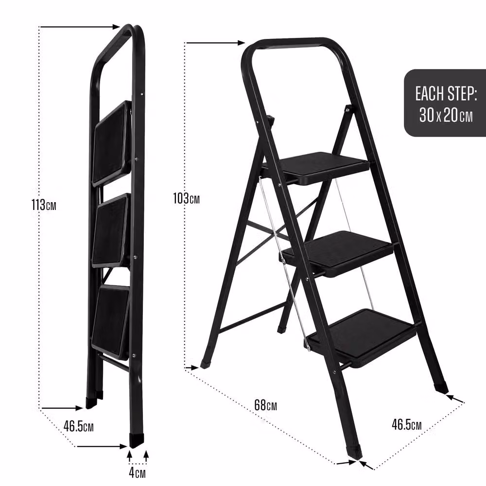 Futura 3 Step Black Heavy-Duty Steel Folding Step Ladder with Rubber Feet – 7