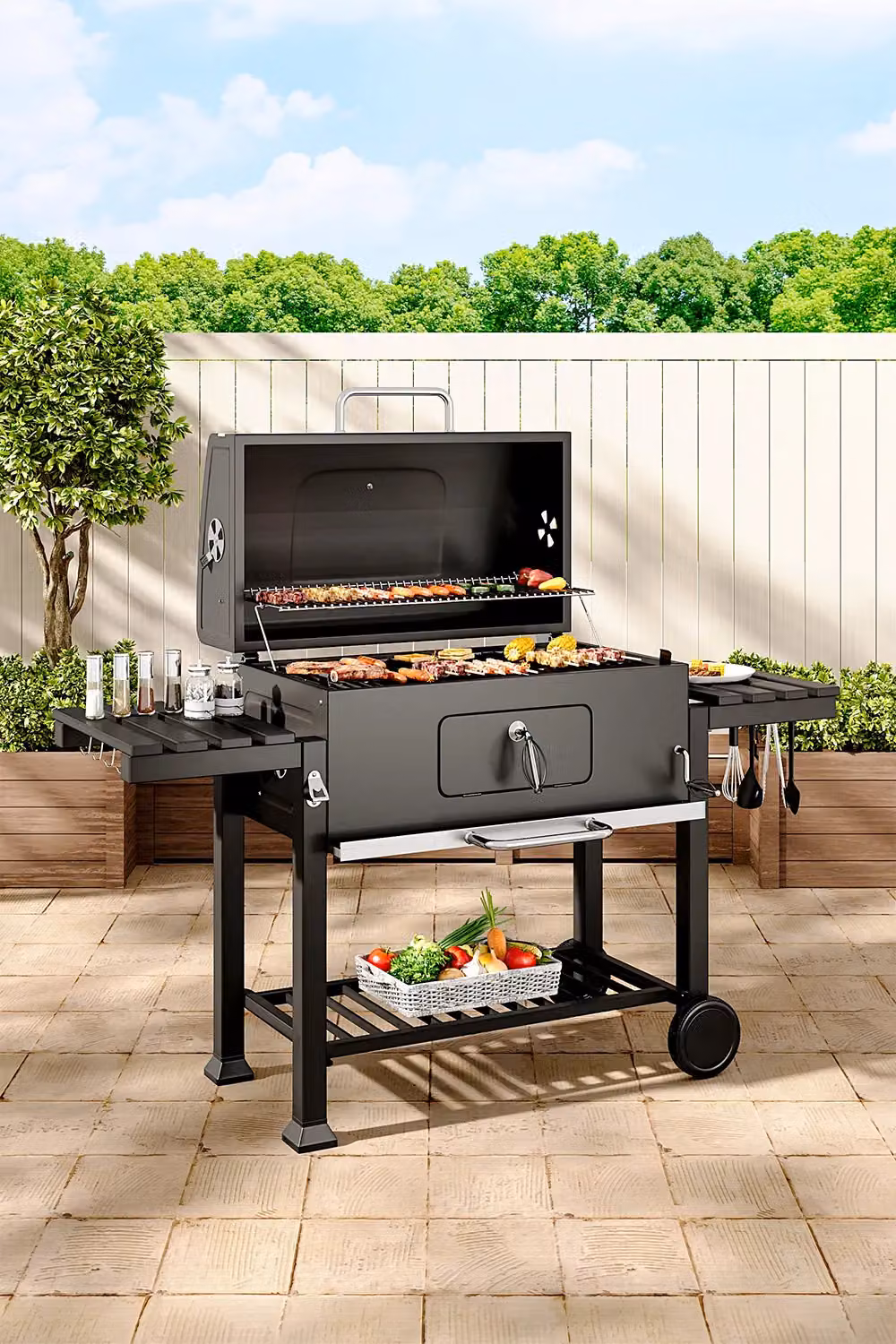 Living and Home Portable Outdoor Charcoal BBQ Grill in Black with Warming Rack, Thermometer and Wheels, W/D/H: 108 x 83 x 40 cm – 2