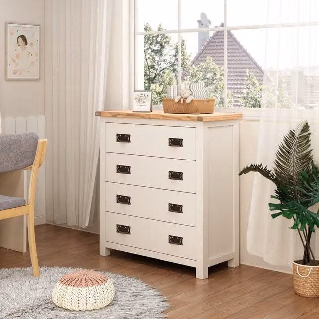Cabinet Bits Lovere 4 Drawer Chest of Drawers in White with Antique Brass Drop Handles