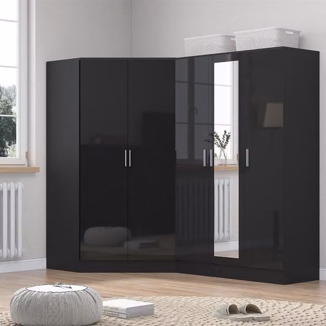 REFLECT Black Gloss Wardrobe Bundle featuring Corner and 3 Door Mirror Wardrobes in Black Gloss and Matt Black