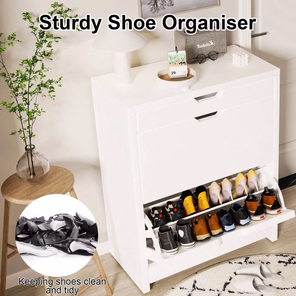 NESTLUNE White Wooden Shoe Cabinet with Tilting Compartments, W: 100 cm, D: 15 cm, H: 102.5 cm – 4