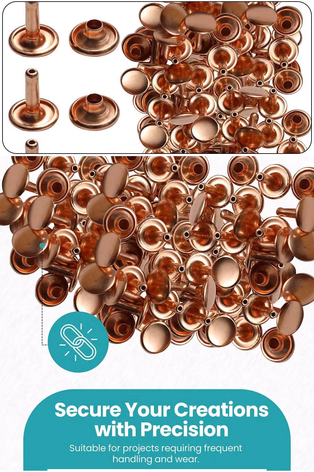 Neel Blue 10mm Double Cap Rivet Tubular Metal Studs and Leather Rivets, Rose Gold, 100pcs – 3