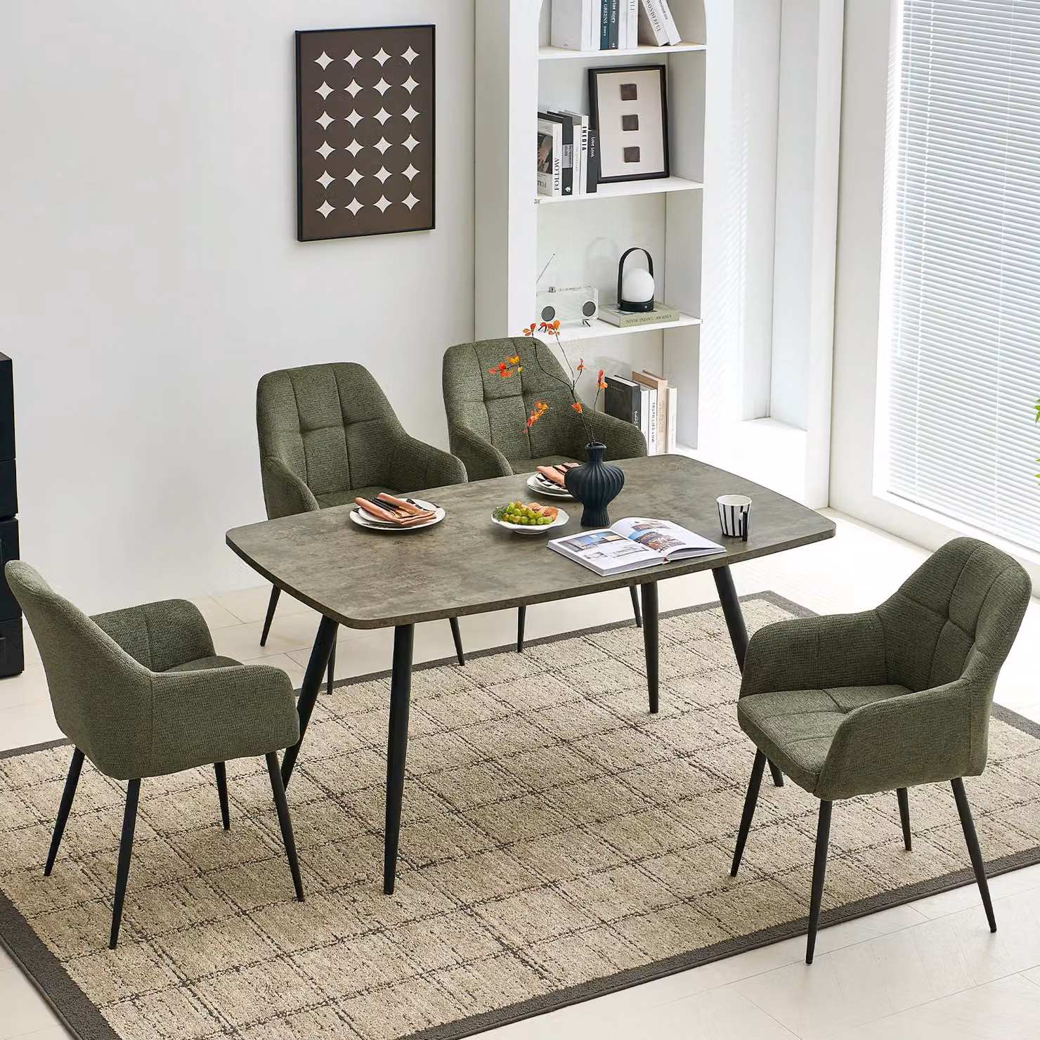 SONARA Set of 4 Ergonomic Dining Chairs in Green Plush Chenille Fabric – 4